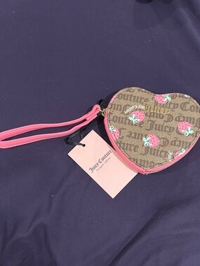 Juicy Couture Brown Monogram Wristlet with Pink Trim & Strawberry Print! NWT